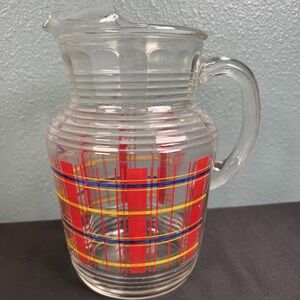 Vintage Hazel Atlas Clear Glass Pitcher Red/Yellow/Blue Plaid Pattern ‎ 9" Tall